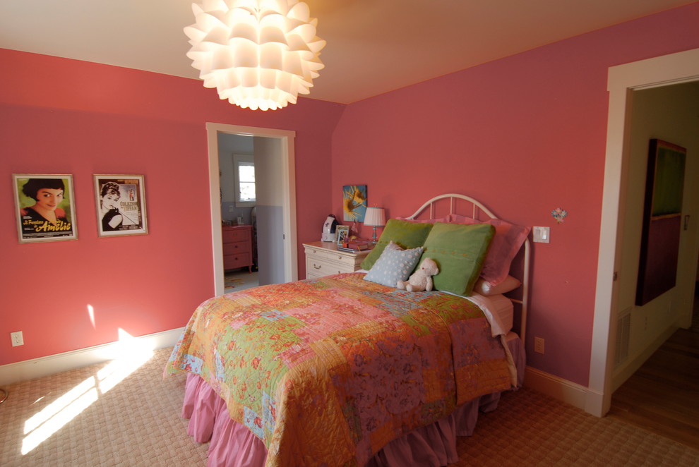Design ideas for an eclectic kids' bedroom for kids 4-10 years old and girls in Denver with pink walls and carpet.