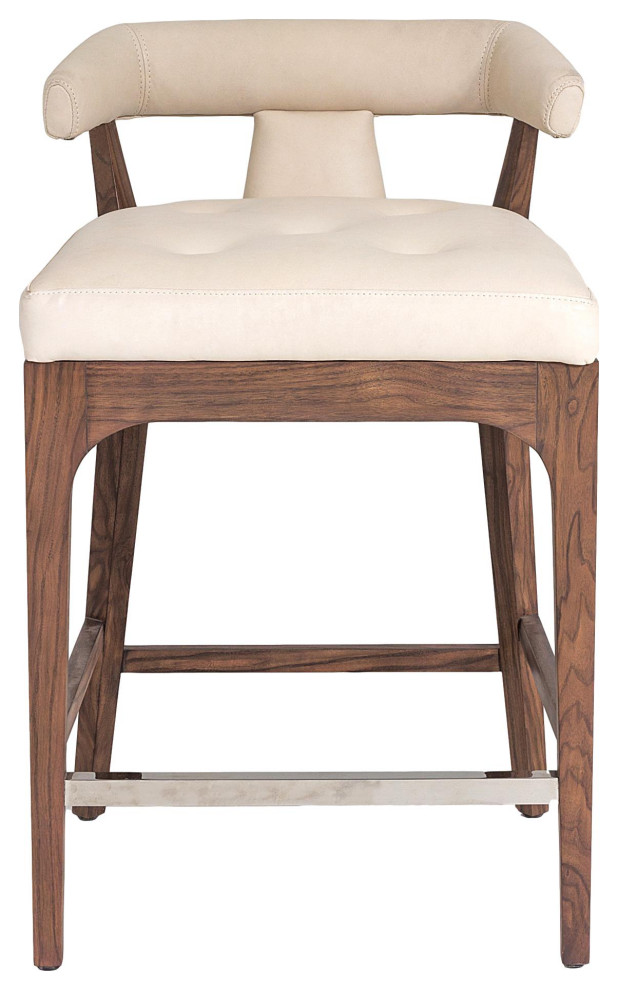 Luxe Sleek Contemporary Ivory Leather Bar Stool 32" Open T Back Walnut