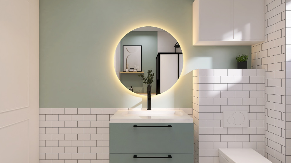 Inspiration för mellanstora industriella badrum med dusch, med vita skåp, en hörndusch, en vägghängd toalettstol, vit kakel, tunnelbanekakel, gröna väggar, ett väggmonterat handfat, svart golv och dusch med skjutdörr