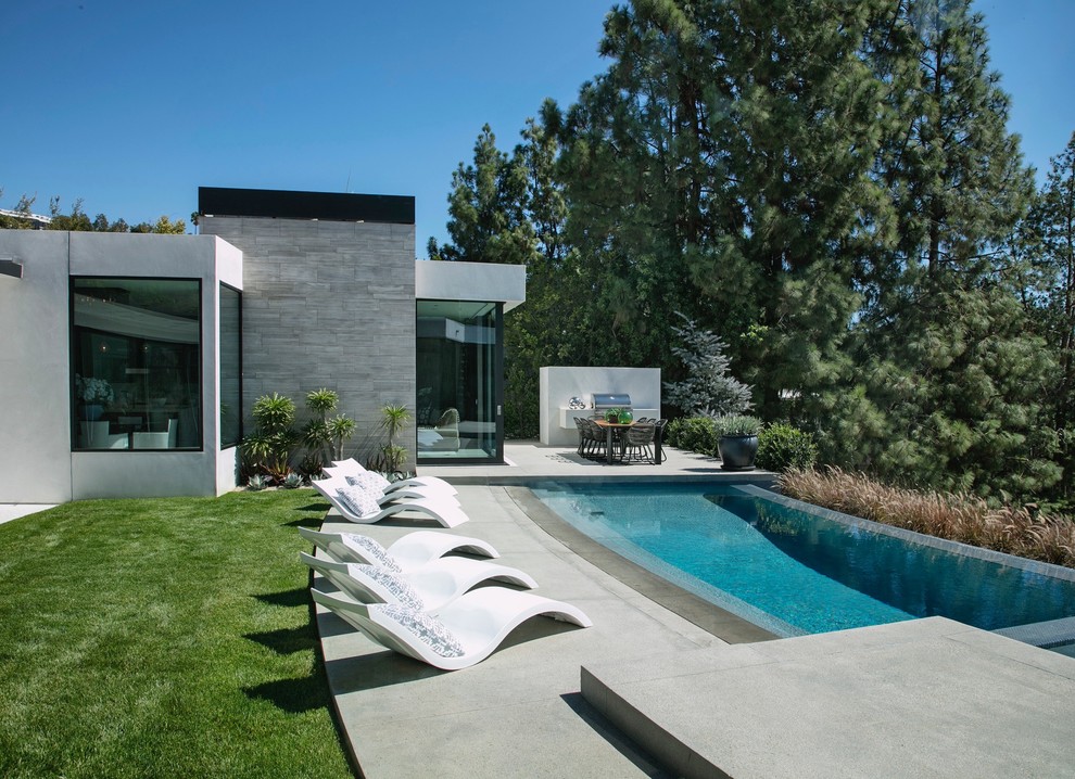 Design ideas for a modern backyard custom-shaped infinity pool in Los Angeles with concrete slab.