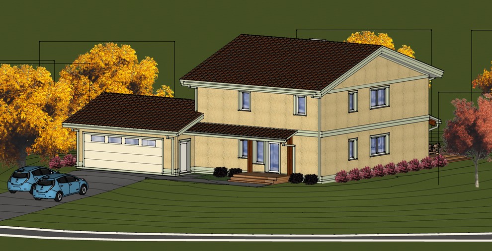 Design ideas for a mid-sized contemporary two-storey stucco yellow house exterior in Minneapolis with a gable roof and a tile roof.