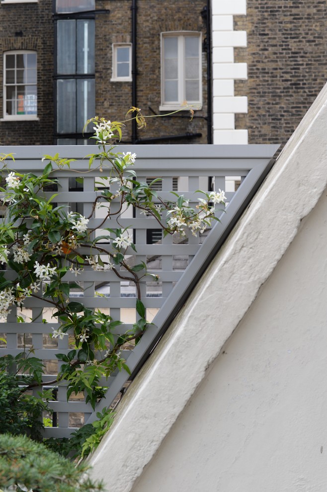 Photo of a small traditional rooftop deck in London with a container garden and no cover.