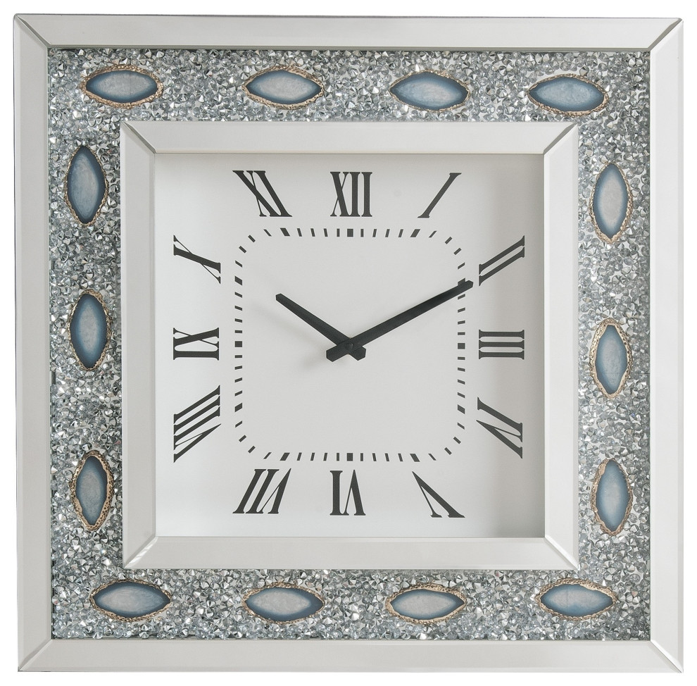 Wood & Mirror Square Analog Wall Clock, White Contemporary Wall