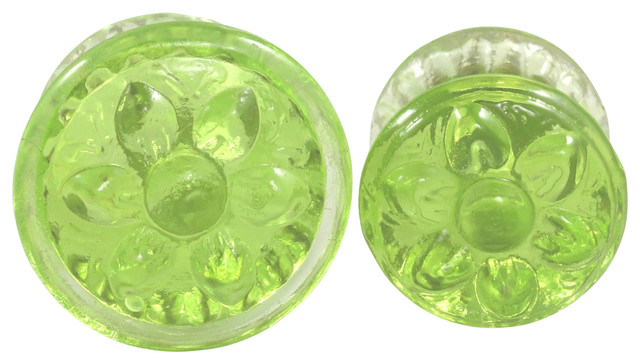 SET OF 2 Cystal Glass Knobs - Flower Olive Green small