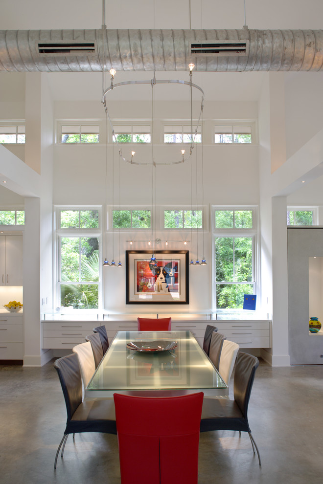 Photo of a contemporary open plan dining in Atlanta with white walls.