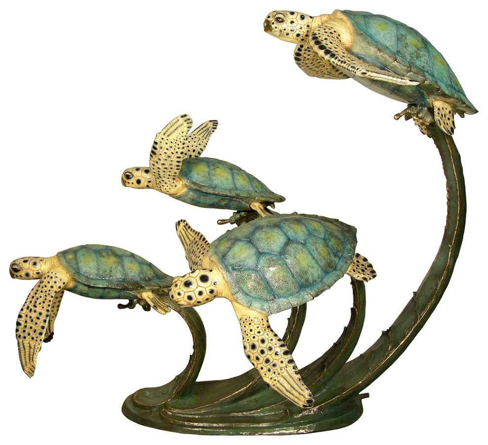 Four Swimming Sea Turtles Bronze Sculpture, Special Patina Finish Beach Style Decorative