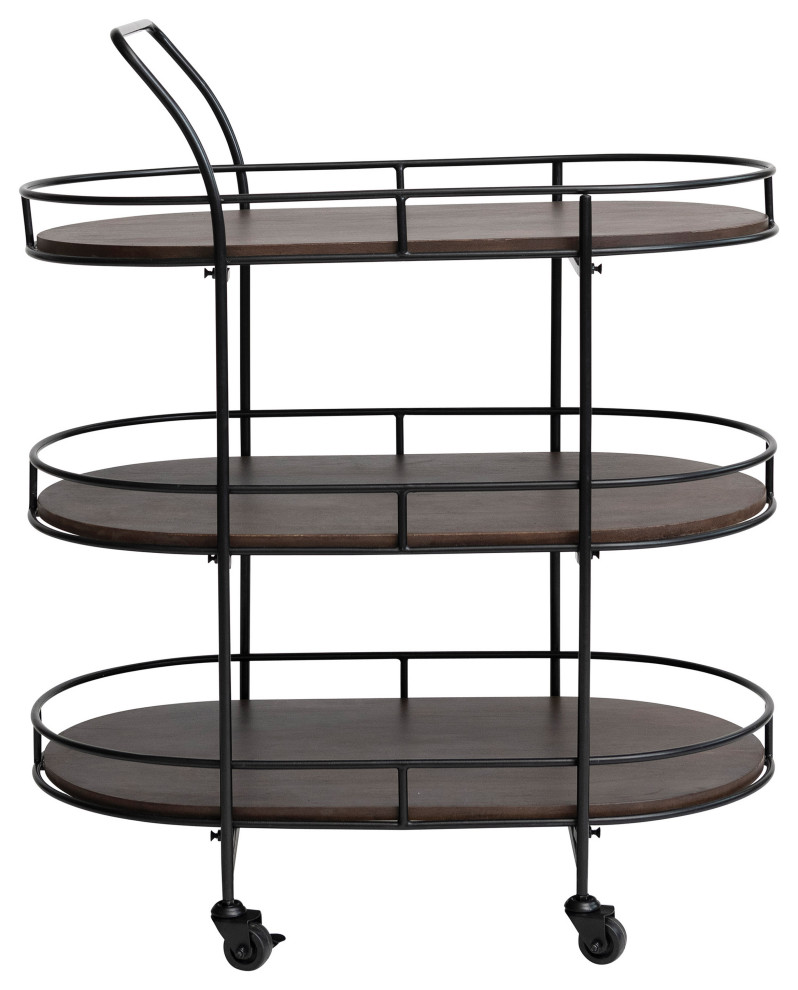 Modern Metal Bar Cart with Wood Lined Shelves, Black and Brown Bar Carts by Creative Coop