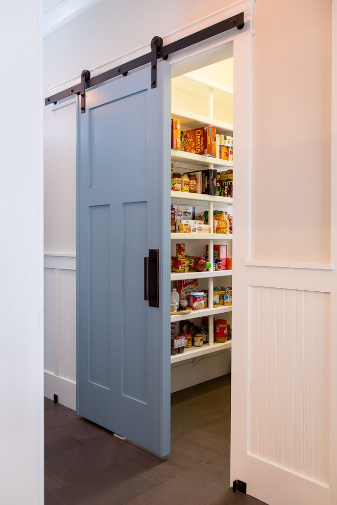 Design ideas for a beach style kitchen pantry in Other with dark hardwood floors.