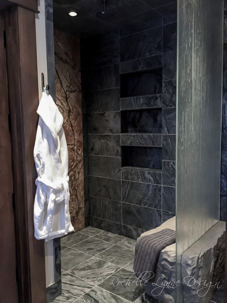 Large mountain style master slate floor walk-in shower photo in Calgary