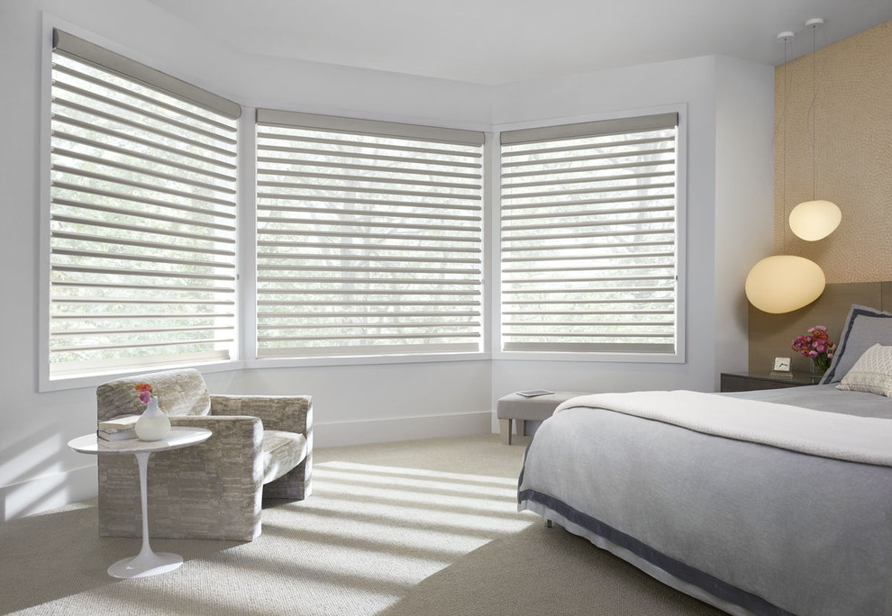 Example of a mid-sized trendy master carpeted and gray floor bedroom design in DC Metro with white walls and no fireplace