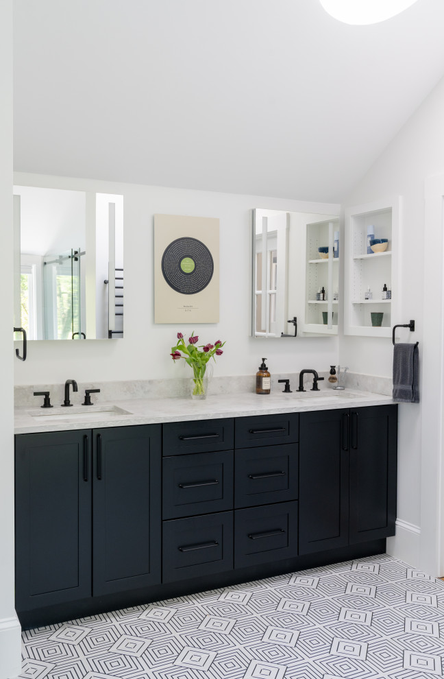 Example of a transitional multicolored floor, double-sink and vaulted ceiling bathroom design in Boston with shaker cabinets, black cabinets, white walls, gray countertops and a built-in vanity