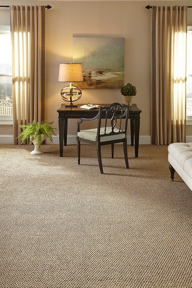 Example of a mid-sized transitional formal and open concept carpeted and beige floor living room design in Other with beige walls, no fireplace and no tv