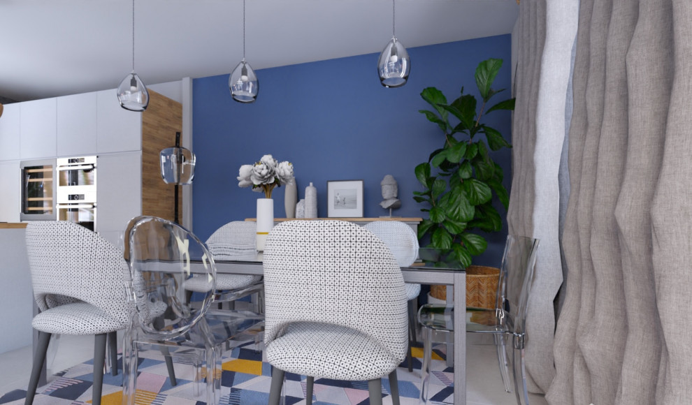 Esempio di una sala da pranzo aperta verso il soggiorno contemporanea di medie dimensioni con pareti grigie, pavimento con piastrelle in ceramica e pavimento grigio