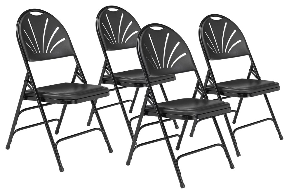 4 Pack Folding Chair, Metal Frame With Black Vinyl Seat With Curved Cut Out Back Modern