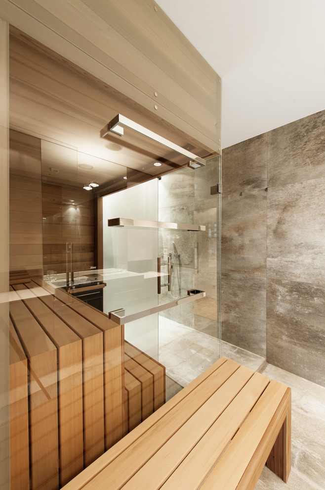 Mid-sized modern bathroom in Other with recessed-panel cabinets, beige cabinets, an open shower, gray tile, ceramic tile, white walls, ceramic floors, with a sauna, a console sink and laminate benchtops.