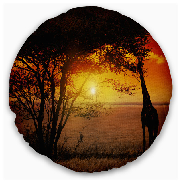 Typical African Sunset With Giraffe African Landscape Throw Pillow