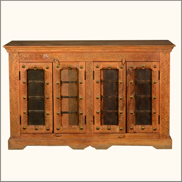 Hand Carved Reclaimed Wood & Iron Sideboard Buffet Cabinet Credenza