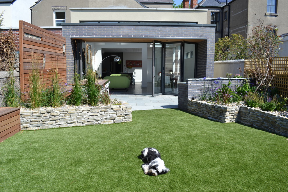 Design ideas for a Medium Sized modern Back Formal Full Sun garden for Summer in Dublin With a Potted Garden and Natural Stone Paving.