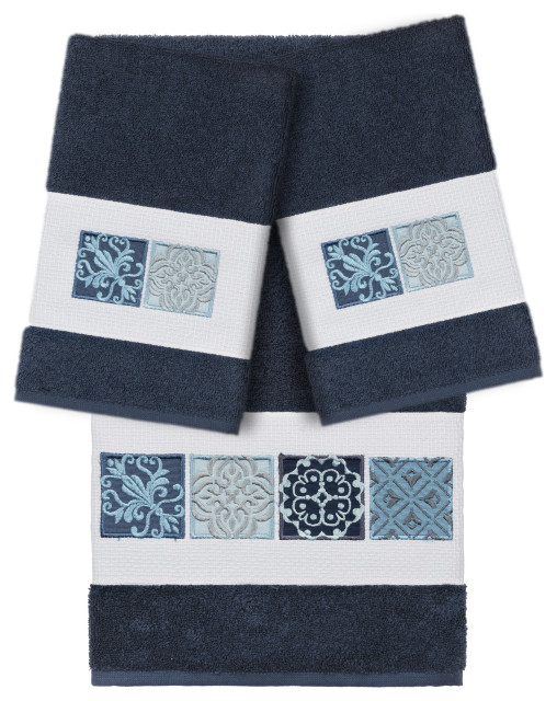 100 Turkish Cotton Vivian 3Piece Embellished Towel Set, Midnight Blue