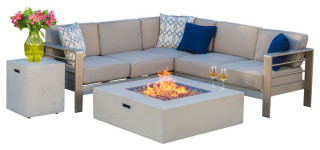 Gdf Studio Crested Bay Outdoor Aluminum Framed Sofa Set With Fire Table Contemporary Outdoor Lounge Sets By Gdfstudio