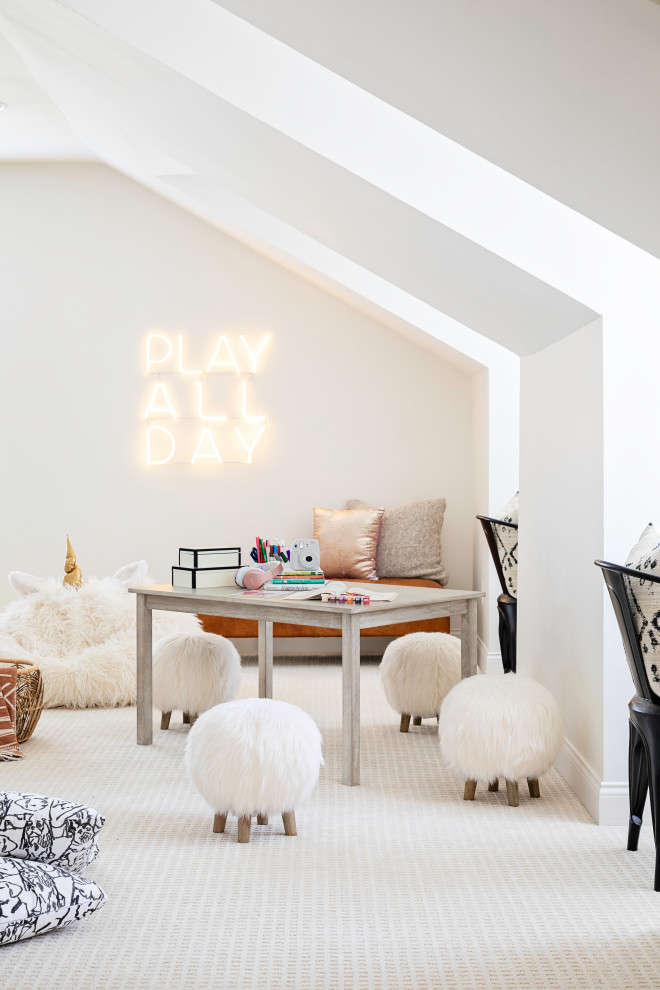 Design ideas for an expansive transitional gender-neutral kids' playroom in Orlando with white walls, carpet and beige floor.