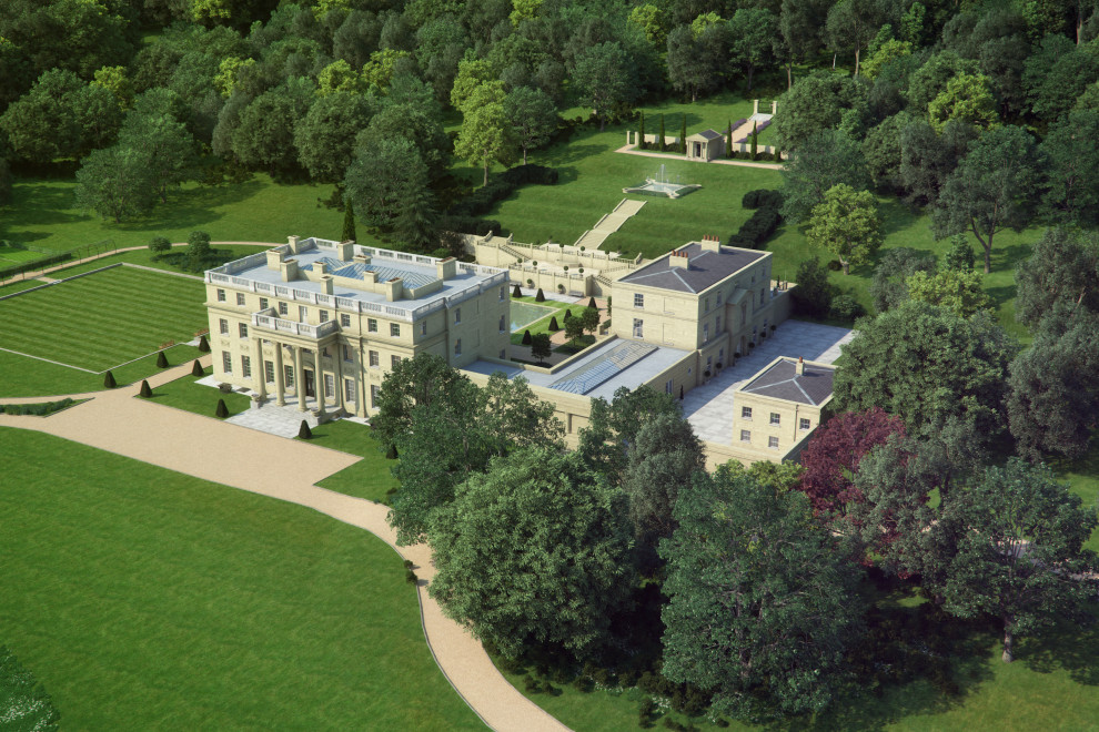 Geräumiges, Vierstöckiges Country Einfamilienhaus mit beiger Fassadenfarbe, Flachdach, Blechdach und grauem Dach in Berkshire