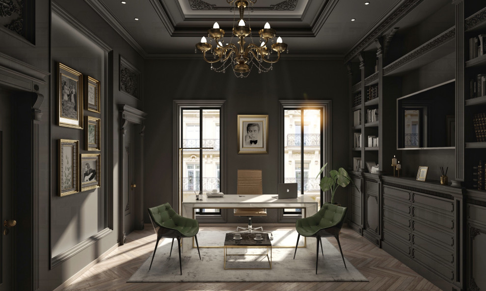 Свежая идея для дизайна: большое рабочее место в классическом стиле с серыми стенами, деревянным полом, встроенным рабочим столом и бежевым полом - отличное фото интерьера