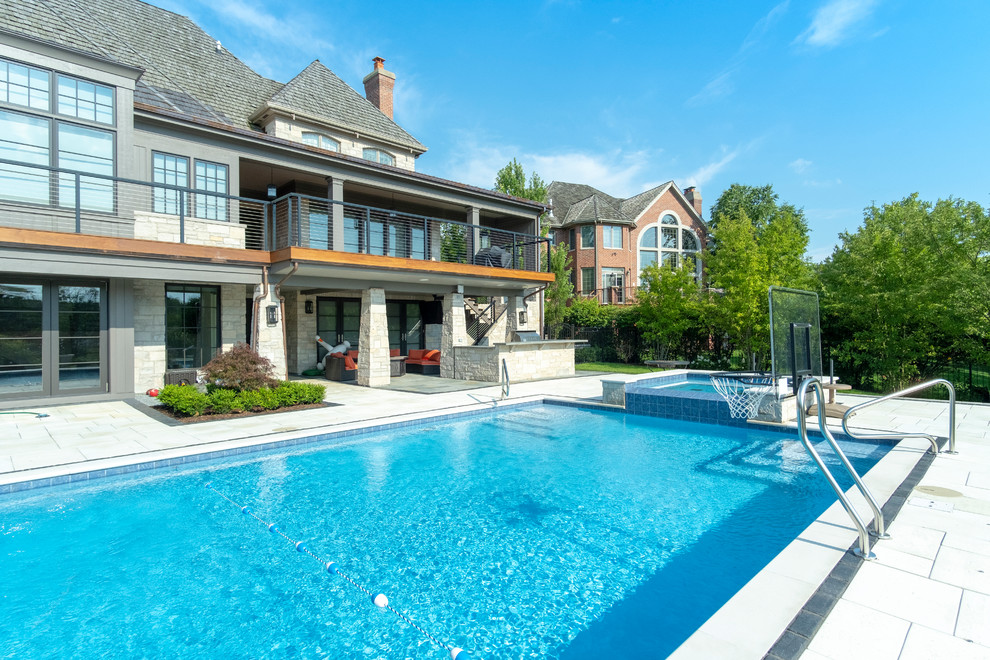 Burr Ridge Lap Pool with Raised Hot Tub and Waterfall ...