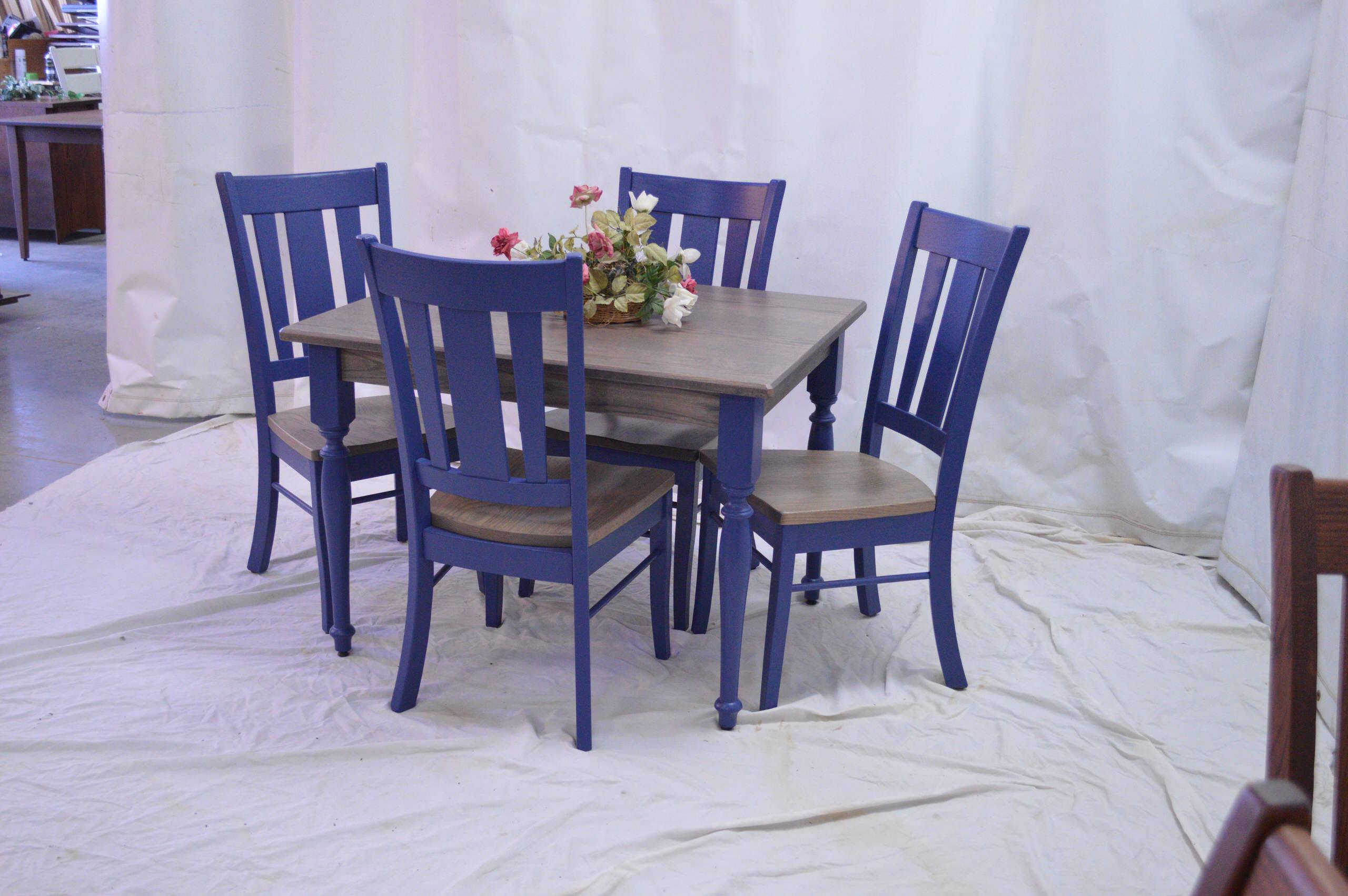 Charcoal and Blue solid top table and Oxford chairs