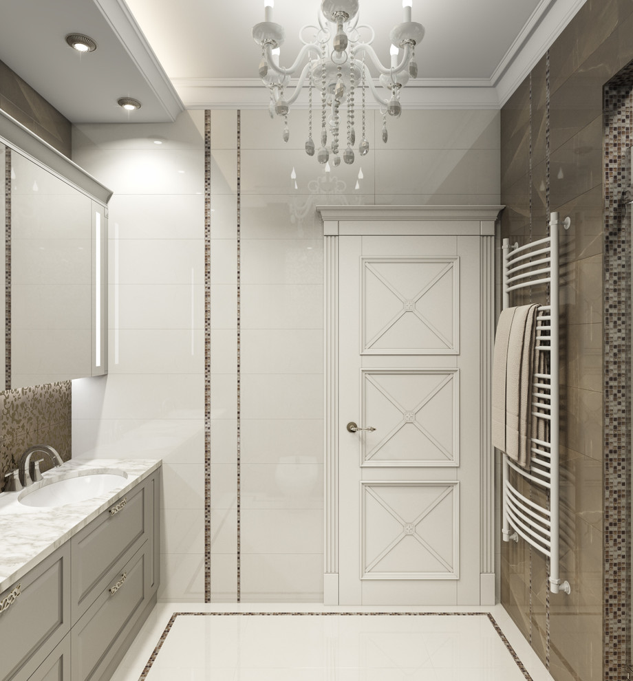 Photo of a mid-sized traditional 3/4 bathroom in Other with raised-panel cabinets, white cabinets, an alcove shower, a wall-mount toilet, white tile, ceramic tile, multi-coloured walls, porcelain floors, an undermount sink and solid surface benchtops.