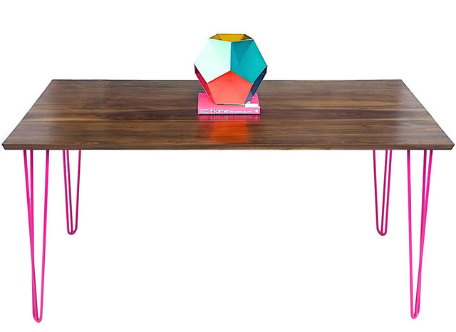 Solid Walnut Table With 3 Rod Powder Coated Hairpin Legs Pink