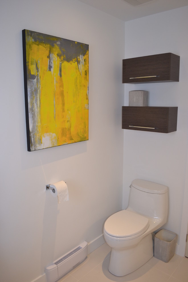 Design ideas for a small modern powder room in Montreal with a vessel sink, brown tile, porcelain tile, white walls and porcelain floors.