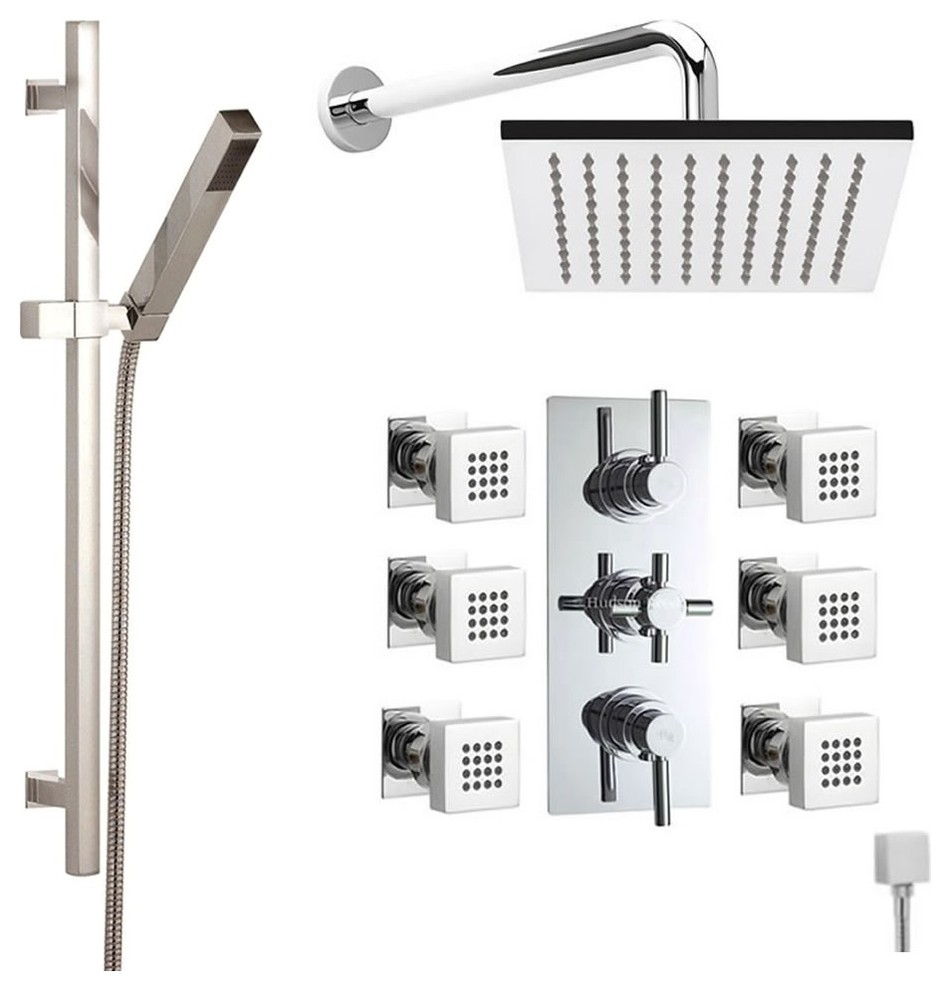 Tec Thermostatic Shower System With 8" Rain Head Curved Arm Handset Kit & 6 Jets