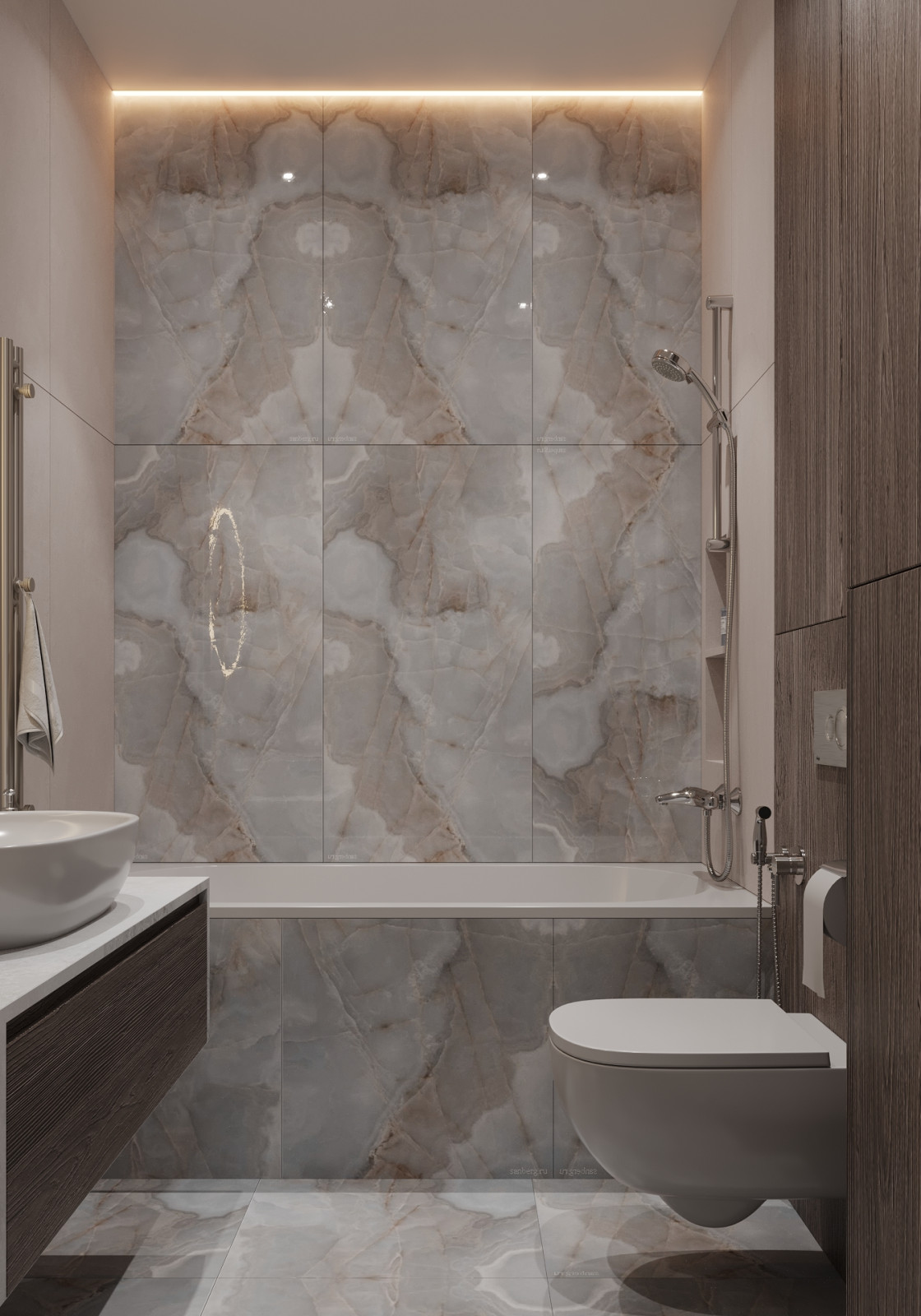 Ванная с керамогранитом под оникс