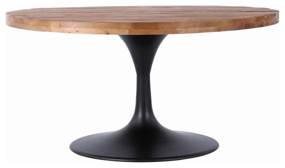 36 Inch Round Wood And Metal Pedestal Coffee Table, Brown And Black