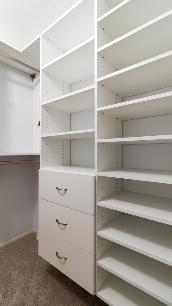 Inspiration for a mid-sized contemporary gender-neutral walk-in wardrobe in Minneapolis with flat-panel cabinets, white cabinets and carpet.