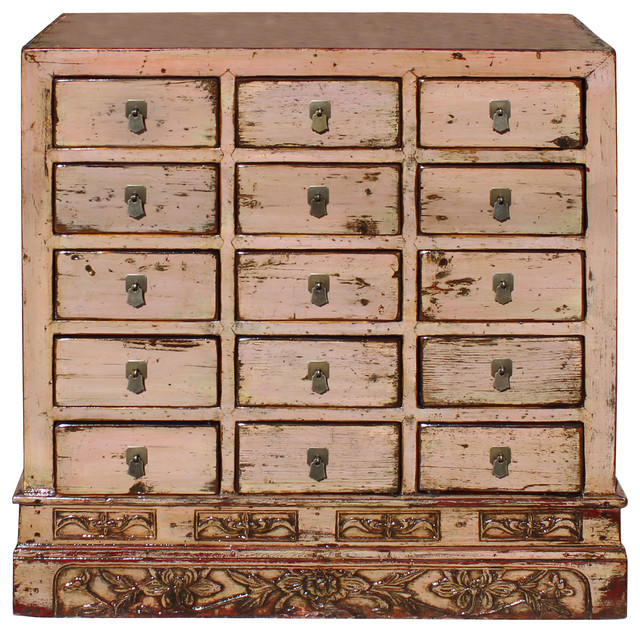 Chinese Distressed Mauve Beige 15 Drawers Medicine Apothecary