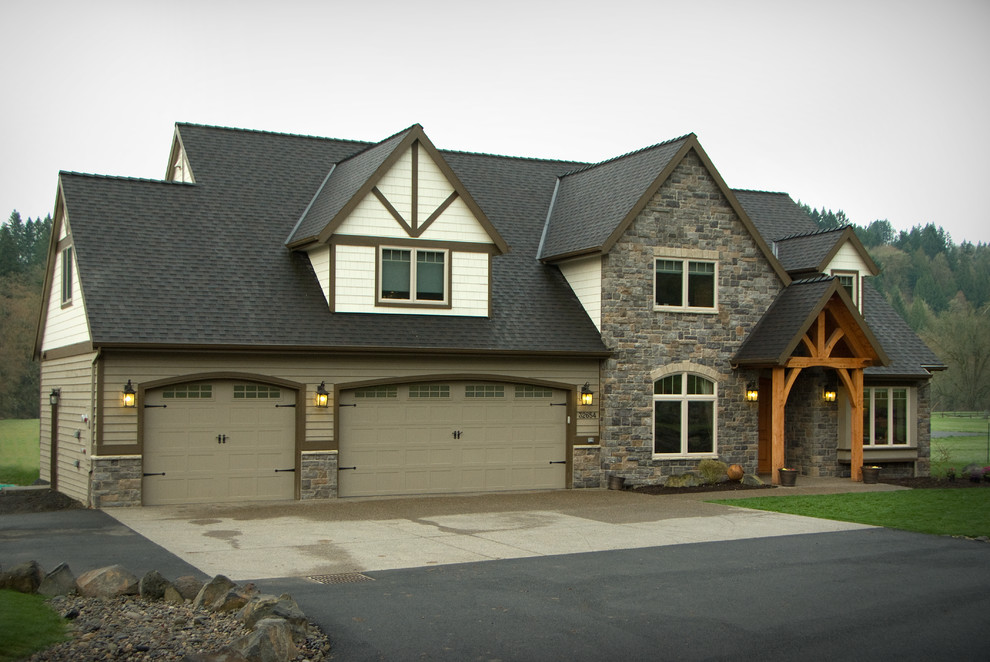 Inspiration for a large arts and crafts two-storey brown house exterior in Portland with mixed siding, a gable roof and a shingle roof.