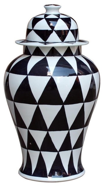 Black and White Porcelain Geometric Temple Jar, 18"