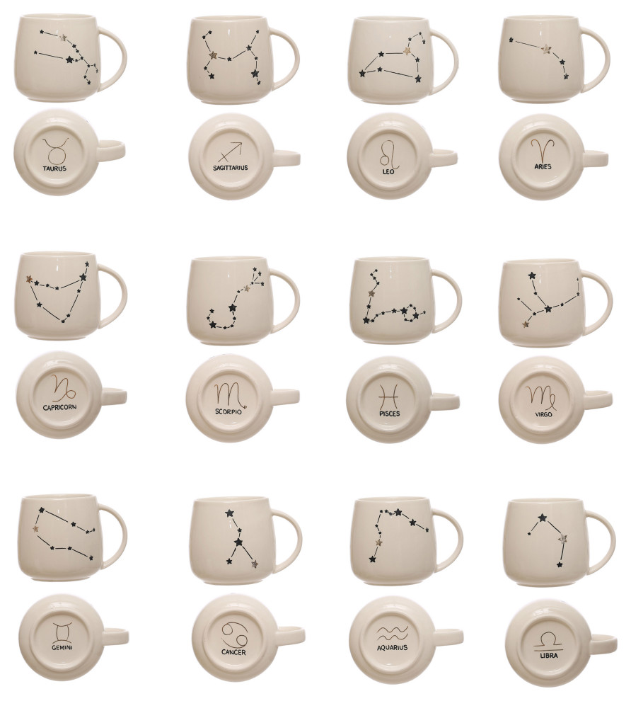 3.5 Inches Stoneware Mug With Western Zodiac Design Prints, Cream, Set of 12