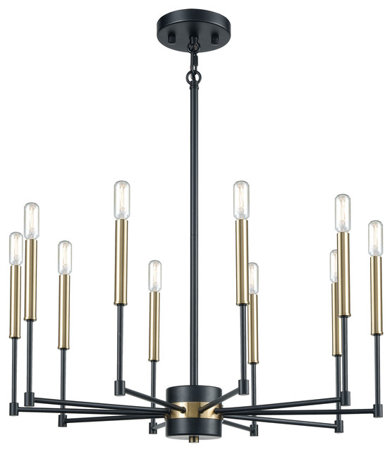 MidCentury Modern 10 Light Chandelier in Matte Black, Satin Brass