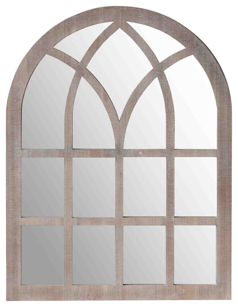 Arched Farmhouse Windowpane Wooden Wall Mirror, Washed Brown