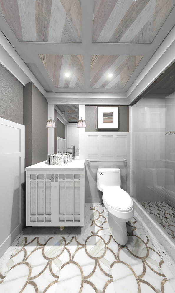 Small arts and crafts master bathroom in DC Metro with shaker cabinets, white cabinets, an alcove shower, a one-piece toilet, grey walls, porcelain floors, a vessel sink, engineered quartz benchtops, multi-coloured floor and a sliding shower screen.