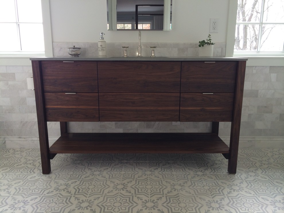 Photo of a large modern master bathroom in Baltimore with beaded inset cabinets, dark wood cabinets and concrete benchtops.