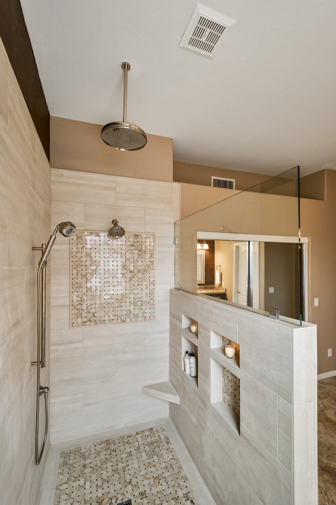 Inspiration for a mid-sized traditional master bathroom in Phoenix with raised-panel cabinets, brown cabinets, an open shower, beige tile, porcelain tile, brown walls, a drop-in sink, granite benchtops and an open shower.