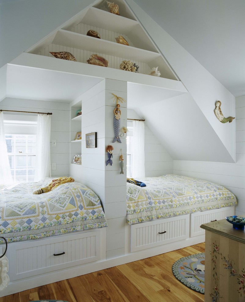 Design ideas for a traditional guest bedroom in Boston with white walls and medium hardwood floors.