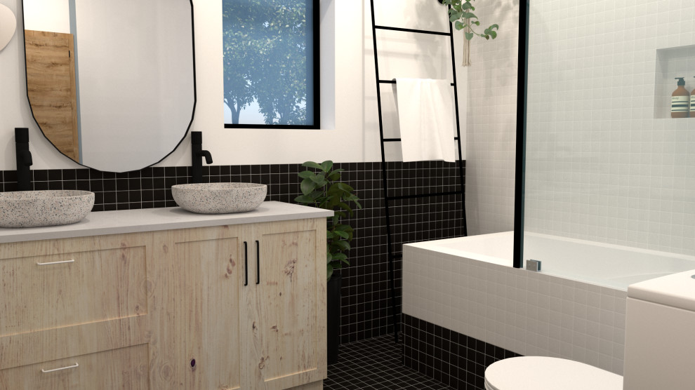 Modelo de cuarto de baño doble contemporáneo con puertas de armario de madera clara, baldosas y/o azulejos blancas y negros, encimera de cuarzo compacto y encimeras blancas