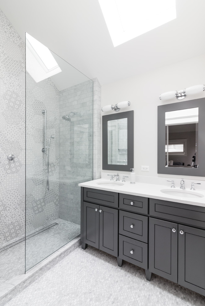 Inspiration for a traditional master bathroom in Boston with shaker cabinets, grey cabinets, gray tile, porcelain tile, grey walls, marble floors, an undermount sink, granite benchtops, grey floor, an open shower and an open shower.