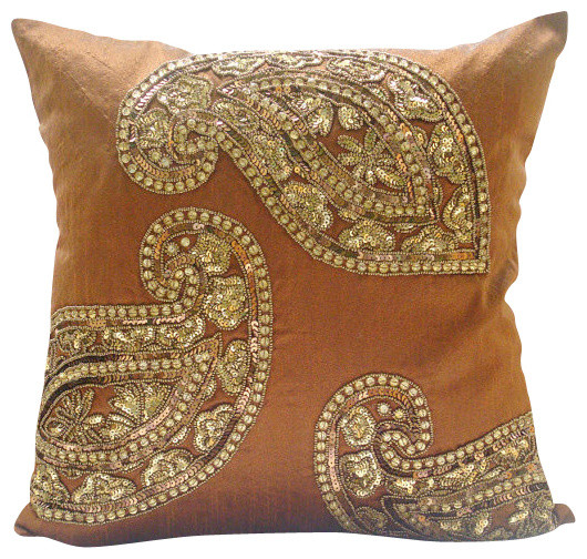 Indian Paisley Orange Art Silk 22"x22" Pillow Cover, Traditional Paisleys