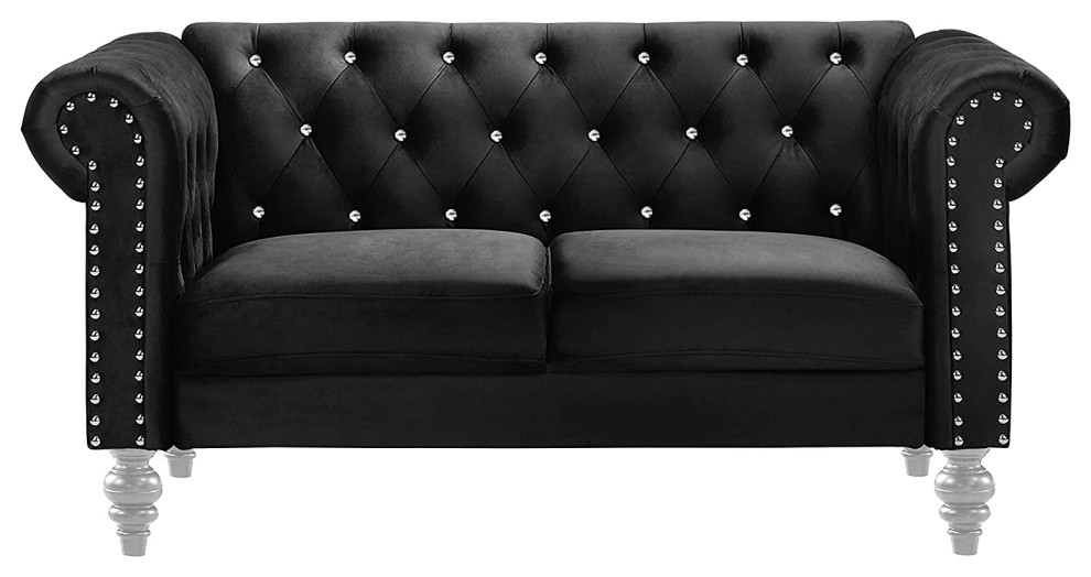 Chesterfield Loveseat, Black Velvet Seat With Elegant Crystal Button